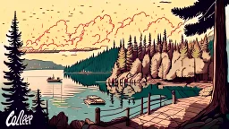 Couer D Alene lake drawn in a lofi art style