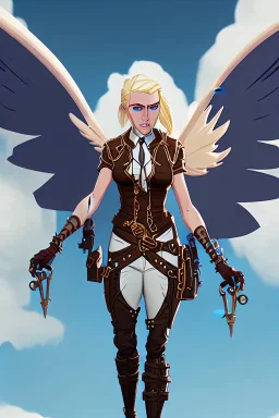 blond steampunk angel flying through blue cloudy sky