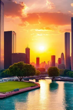 Amazing colorful sunset, buildings, lake, city, park, cyberpunk, sci-fi, photography hd
