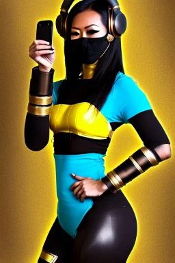 Realistic photograph. Geometric 3D tiling on the background, Egyptian woman, Whip. Bronze color, Yellow, Black Cyan, Cyber-punk, full-mask, big old AKG headphones, golden rings & disc. Selfie both hands. Asa Akira, lightly armored, electronic circuits. Thick tights, thick calves, bend fell, wide hip, flat belly. Ancient artifact attached. Perfect body. Matrix movie clothes, Silver leather area, tippet, latex. Wicked sneakers. Daft Punk, Tron Movie. Haute Couture. 1990's. Ancient telephon