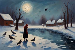 Gems, little puddle, space, person, ice, winter, flying birds, fantasy, otto pippel impressionism painting