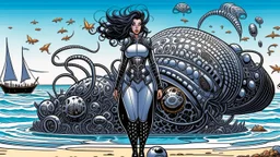 A woman with dark hair in a silver robotic catsuit, standing on a beach with a crashed spaceship in the water behind her, with flying mushrooms looking like parasols, with octopus tentacles in the air