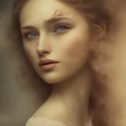 portrait photography of ethereal beauty, 8K, Portrait of a woman by Michelangelo, close-up face, imperfect face, a sunny atmosphere, misty smoke, tree roots