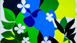 An exquisite minimalist illustration by Matisse, featuring a serene garden adorned with simple, geometric shapes of flowers. Electric green leaves and petals contrast against a light background, while bold blue outlines define the shapes. The cutout style adds depth and dimension, creating a harmonious balance of color and form.