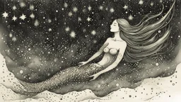 "An ethereal ink drawing of a mermaid swimming in a sea of stars, with delicate strokes and a magical aura."