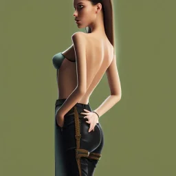 Woman with crook, back view, black trousers, green shirt, render background, brown hair