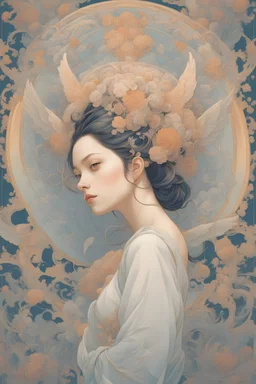 James Jean, Maurice Sendak, Surreal, mysterious, strange, fantastical, fantasy, Sci-fi, Japanese anime, divine expression, spiral of time, beautiful girl with wings, perfect voluminous body, geometry, perspective, detailed masterpiece