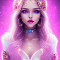 beautiful, soft, smiling face, whole head, long straight blonde hair blues eyes, crown on the head, clothing in transparent bluish and pink veil, background brillante bluish and pink, hight definition, 8K