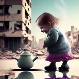 A teapot is shining and a laughing child is looking at it. The child’s image is reflected inside the teapot and behind the child is the reflection of a destroyed city.