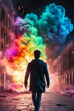 Young man walking away from a building that is exploding at night, with coloured auras all around him