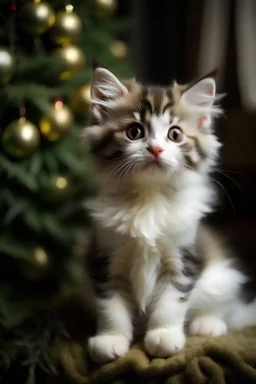 a young 4 month old kitten with white and beige patched fur sitting beside a beautifully decorated Christmas tree