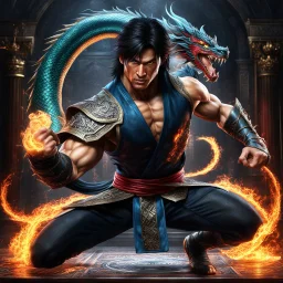 Fhoto full body, reality, Raw, liu kang, super magic fight with dragon, mortal combat, digital art, intricate details, powerful composition, captivating, , trending on artstation, sharp focus, studio photo, intricate details, highly detailed, by addiedigi