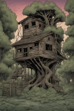 tree house , overgrown apocalyptic background, comic book,