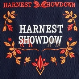 an autumn colored textured cloth embroidered ornamental leaves and cattle, pointed bottom, on dark background, embroidered text across top "HARVEST SHOWDOWN" block text, Canadian western cowboy style