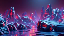 landscape made of metal that looks futuristic with futuristic lighting, realistic rendering, chrome colors