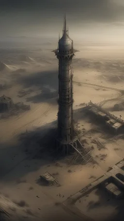 A bird view , An abandoned city with a tower , surrounded by desert sands , with old abandoned buildings .surrealism of the dark of a nightmare ten miles high and six foot deep, hyper photorealistic, hyper detailed dark art color, high resolution, fog, octane render, tilt shift, HDRI Environment, all pictures dark gray and brown