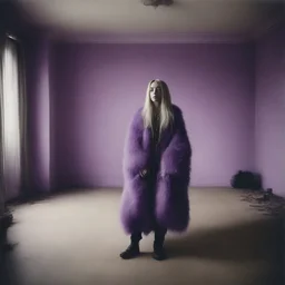 singer billie eilish , hippie girl, purple fur, in a liminal empty room, old autochrome