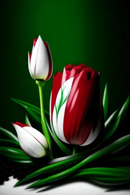 The flag of the Islamic Republic of Iran with red tulips