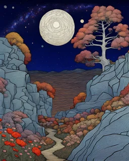 Many colors, peaceful, Egon Schiele, Max Ernst, night sky filled with galaxies and stars, rock formations, trees, flowers, one-line drawing, sharp focus, 8k, deep 3d field, intricate, ornate, one million strokes