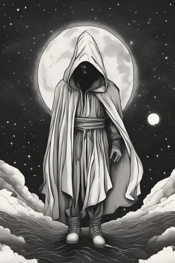 A hooded figure beneath a cosmic sky, revealing unseen truths in the moonlight. black and wihte line art