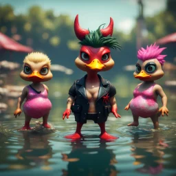 punk duck devil pimp with bitches in bathing suit in pond, in the style of a fallout 4,bokeh like f/0.8, tilt-shift lens 8k, high detail, smooth render, down-light, unreal engine, prize winning