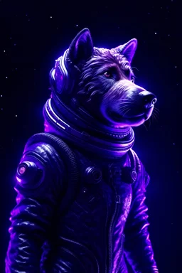 a dark purple head dog in space suits, surrealism, retro space, full body, volumetric light, cinematic lightning, cgi rendering, unreal, trending Artstation, ultra detailed, intricate