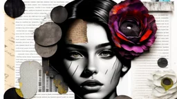Collage. Beautiful portrait in charcoal and ink. Mixed media. Newspaper clippings, photographs, love letters, roses. Magazine style. Raindrops. Dark. Detailed. Alcohol ink. Worn texture. Crisp focus. Inked outlines. Hints of bright colors. Authors: Katherine Welz-Stein and Sam Toft