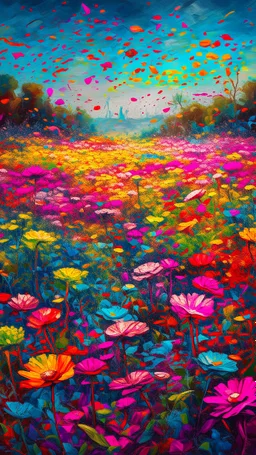 A picture field of flowers made of a plastic painting with colors that express joy 8k