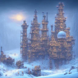 dwarves building a oil platform in winter landscape