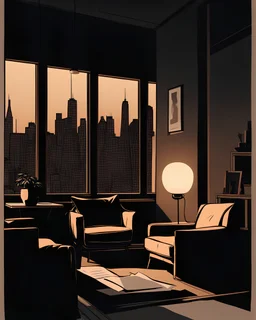 diseñae un living con dos sillones con estética minimalista iluminación tenue una ventana de fondo ciudad tranquila en la tarde y una mesa con un papeli y un lapiz, sin gente