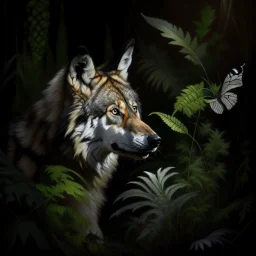 wolf portrait, ferns, butterflies, oilpainting, cinematic lighting