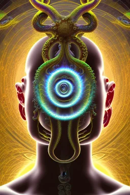 Spiritual being with Tentacles over human Head creating reality around, wrapping Spiral around Human, Psychedelic