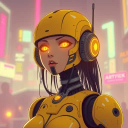 a feminine android robot, yellow, dystopia, cyberpunk, neon vintage anime