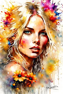 Gorgeous wet look watercolour, a beautiful sensual blond blonde woman, beautiful late summer flowers, colourful, enchanting, wet on wet, silver and gold drops, sparkling lights, winning, intricate, beautiful, gorgeous by Yossi Kotler,