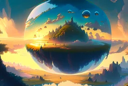 A digital painting of a mysterious anomalous orb in the sky surrounded by floating islands hovering above a fantasy landscape in the style of Michael Whelan, energy surge, serene countryside, lush forests, soaring mountains, impressive detail, sunset, high resolution, 4K, 8K, masterpiece