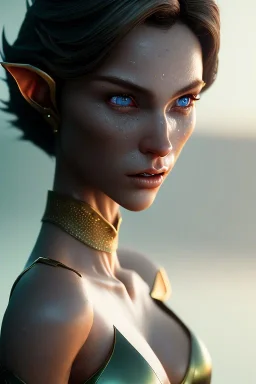 brunette elf, 8k, ultrarealistic, dynamic pose, complete body, LEGS!, triadic colors, intricately detailed, short hair, detailed hair, octane render, dynamic light, visible ultradetailed body, unequal sized eyes, unequal sized iris in eyes, unequal sized pupils, complete body in frame