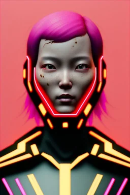 MCU Portrait, Front image. cyberpunk Asian woman, pink short hair. Ceramic, rabbit mask. latex suit. Red, black, gold, color. Punk style, minimal details. highly detailed, concept art, smooth, unreal engine 5, god rays, ray tracing, RTX, lumen lighting, ultra detail, volumetric lighting, 3d, finely drawn, high definition, high resolution.