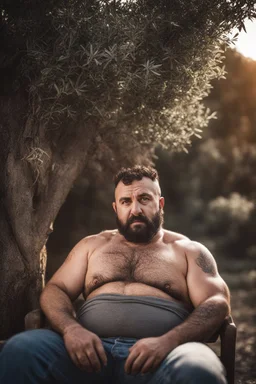 close up photography of a turkish ugly dirty burly muscular chubby farmer 36 years old, bullneck, shirtless, strong arms, big belly, manly chest, very sweat, short beard, tattoo, curly hair , short bulging pants, open legs sitting on a chair under an olive tree , sunlight, big tights, barefoot, ambient occlusion, hyper detailed photography, photorealistic, 35mm lens, side light, frontal view from below, natural colors