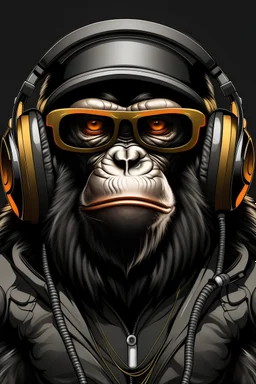 Portrait of a gorilla with headset, sunglasses and black jacket