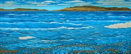 A blue beach near islands with waves designed in ancient Roman mosaics painted by Jeffrey Kolker