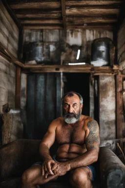 full figure shot photography of a 49-year-old turkish angry beefy tattoo very hairy sweaty worker sitting spread-legged in an old sofa inside a construction site shed, big shoulders, boots, dressed in bulging shorts,shirtless, stubble, big manly legs, hairy chest, serious eyes, midnight, dim neon lights illuminating and shine on the beards of sweat that fill his large chest, photorealistic , ambient occlusion, view angle from the ground