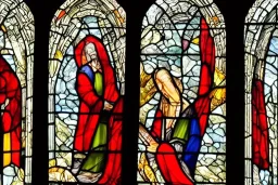 Cloaked woman holding fire on stain glass window