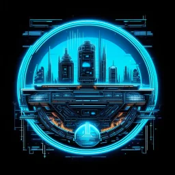 A pixel art cyberpunk version of the Manchester City logo. The crest is circular with a glowing neon blue border, metallic silver text, and a futuristic ship in the center, lit with radiant sky blue lights. Holographic tech circuits wrap around the badge, and the background is transparent.