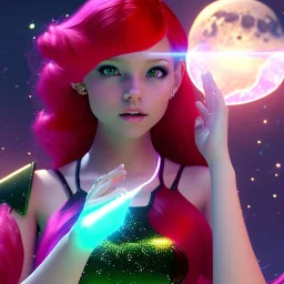 Pretty teenage girl with red hair who is dressed like a space witch casting a spell, girl has green eyes, background is realistic space renditions, goth girl dress, full body portrait, arm colors gradient effect into stars, rendered, unity 3d, unreal engine, dslr, hdr, 4k, edited, photorealistic, normal number of appendages, freckles