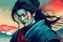 create an imaginative print illustration of an ethereal, otherworldly gaunt and withered ancient female ronin samurai vampire , in the style of Hasui Kawase , Shiro Kasamatsu combined with the comic book art style of Bill Sienkiewicz, with highly detailed feminine facial features