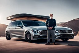 Foto aus dem Jahr 2020, typischer Mercedes-Benz-Fahrer steht stolz neben seinem Mercedes Shooting Brake