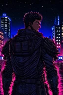 Guts from Berserk, Cyberpunk Edgerunner artstyle, Cyberpunk Night City, Wearing armour from Berserk anime, Looking into the distance at night city