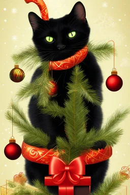 eine schwarze katze dekoriert einen christbaum in der küche