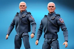 Box of Mike pence g.i. joe toy figure With a Laser gun space force Blue fabric uniform, fluorescent orange, whole body wide view, black boots full body packaging feet