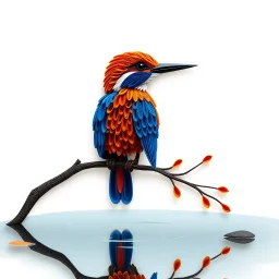 A hyper-realistic paper quilling depiction of a kingfisher bird perched by a reflective pond. Each feather is crafted from layered, coiled paper strips in vivid blues and oranges, with a mirror-like water surface below. The scene features subtle highlights and shadows, creating a lifelike, three-dimensional appearance. --v 6.1 --style raw --ar 4:5